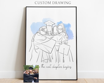 Graduation Custom Portrait in Line Art with Watercolor Background, Friendship Gifts (Digital Download)