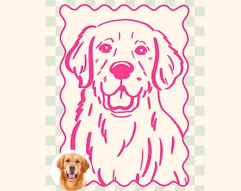 Custom Pastel Golden Retriever Portrait, Dog Moms Gifts, New Pet Gift, Checkered Style