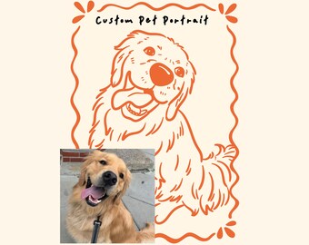 Custom Pet Portrait with Name, Personalized Dog Cat Drawing from Photo, Pet Lover Gift