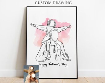 Father's Day Custom Drawing, Personalized Single Dad Minimal Line Art Portrait, Gift for Him