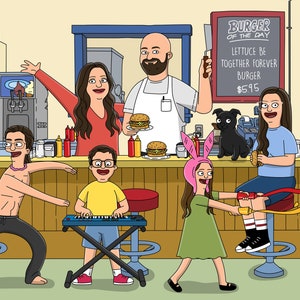 Portrait de famille personnalisé, dessin animé de restaurant de hamburgers, cadeaux de fête des pères, illustration d'animal de compagnie, dessin animé drôle, affiche personnalisée