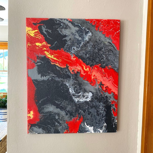 Lava Flow -Acrylic Pour   Featuring bright Reds,  Blacks and grays & a touch of yellow.