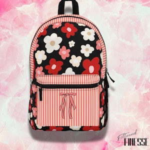 Roselle and Stripes Aesthetic Girly Bookbag with Laptop Sleeve