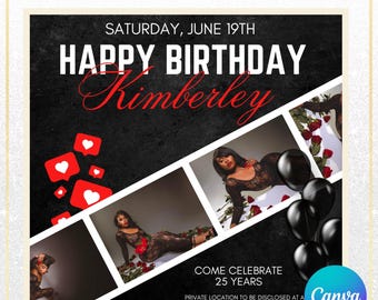 Red Slate Birthday Flyer Canva Template – Editable Birthday Party Invitation, Modern Red Birthday Flyer, Social Media Invite