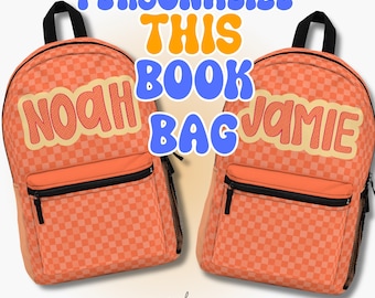 Checkered Orange Personalize Name Bookbag Back to School