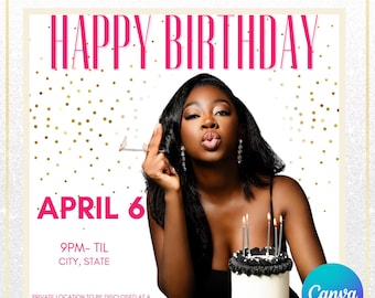 Pink and Gold Birthday Flyer Canva Template Elegant Editable Party Invite Soft Pink Birthday Invitation Digital Download Social Media Flyer