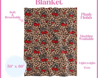 Checkered Leopard Cherries Blanket Soft Velveteen Plush Throw