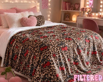 Checkered Leopard Print Cherries Shiny Velvet Blanket Gift