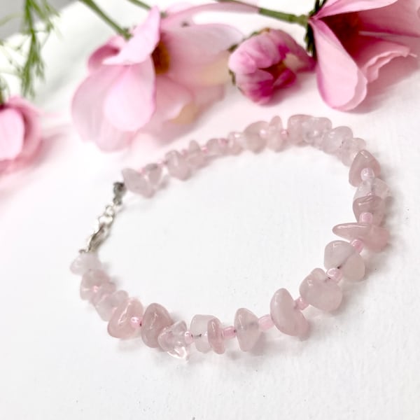 Rose Quartz gemstone anklet, pink crystal ankle bracelet, customisable, boho accessories, silver, healing anklet