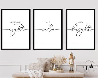 Printable Christmas wall art Set of 3 | X-mas minimal home decor | Silent night holy night all is calm all is bright