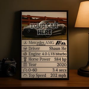 May include: Framed print featuring a black Mercedes AMG GT Roadster. The print includes specifications: 4.0-L V8 biturbo engine, 584 hp, 2020 year, 0-60 in 3.4 secs, and a top speed of 202 mph. The text "YOUR CAR HERE" is displayed on the car.