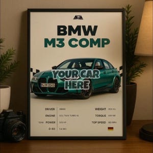 May include: Framed poster featuring a teal BMW M3 Comp car with the text "YOUR CAR HERE". The poster includes car specifications such as weight, torque, and top speed of 160 mph. The poster is displayed on a wooden surface.