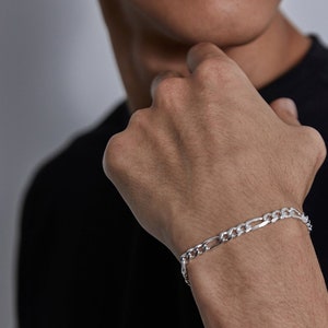 Solid Silver Figaro Bracelet 5MM Bracelet Everyday Bracelet Mirror Polish Stacking Bracelet 925 Sterling Silver Gift For Him Her SALE