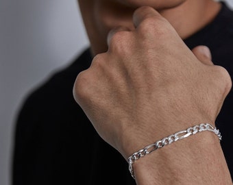 Solid 925 Sterling Silver Figaro Bracelet, Mirror Polish, 5mm