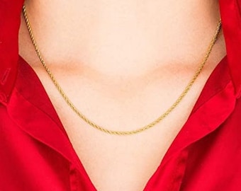 14K Gold Rope Chain Necklace, Solid 1.2MM, Diamond Cut