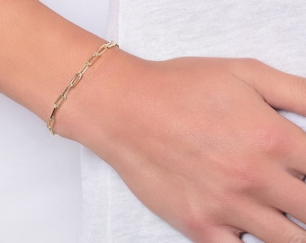 14K Gold Paperclip Bracelet, Sterling Silver Base, Dainty Thin Chain
