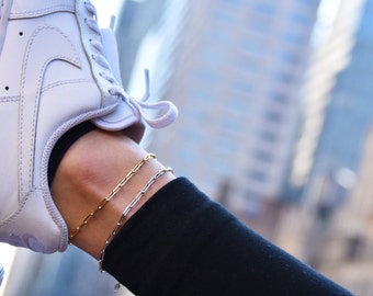 14K Gold Plated Paper Clip Anklet, Sterling Silver, 9.5 Inch