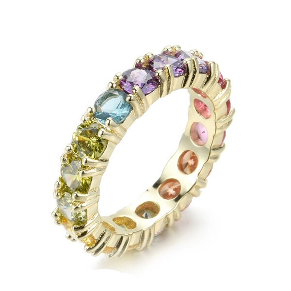 14K Rainbow Eternity Band, Round Cut Ring, Over 925 Silver