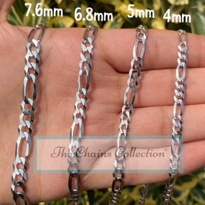 Solid Silver Flat Figaro, 925 Sterling Silver, Everyday Necklace, Stackable Chain, 3.5mm, 4.5mm, 5mm, 6.8mm, 7.6mm, Gift For Him, Her, SALE