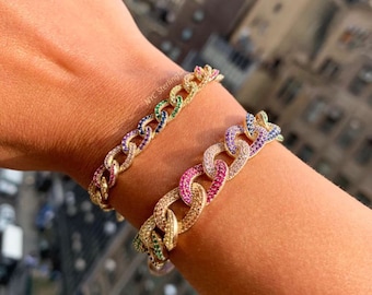 14K Gold Plated Rainbow Curb Chain Bracelet, Adjustable 7 Inch