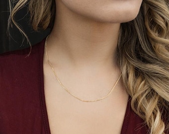 14K Gold Delicate Chain Necklace, Simple Necklace, Thin Gold Franco Chain, Layering, Choker Necklace, Minimalist, Over 925 Sterling Silver