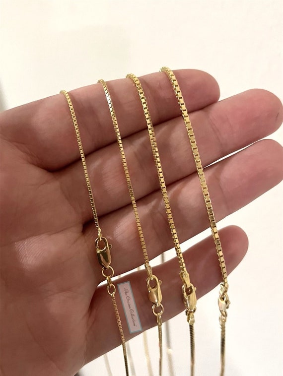 14K Gold Box Chain Necklace Dainty Over 925 Silver Thin Necklace