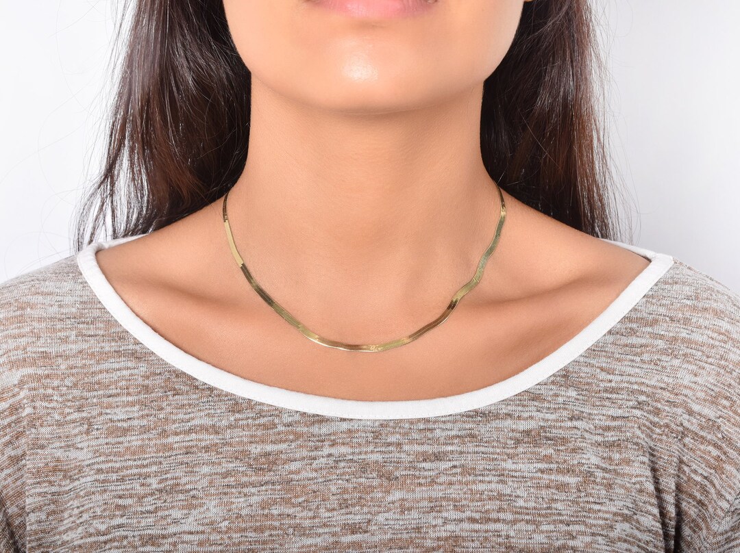 14K Gold Herringbone Chain Necklace, 925 Sterling Silver Choker, 16 ...