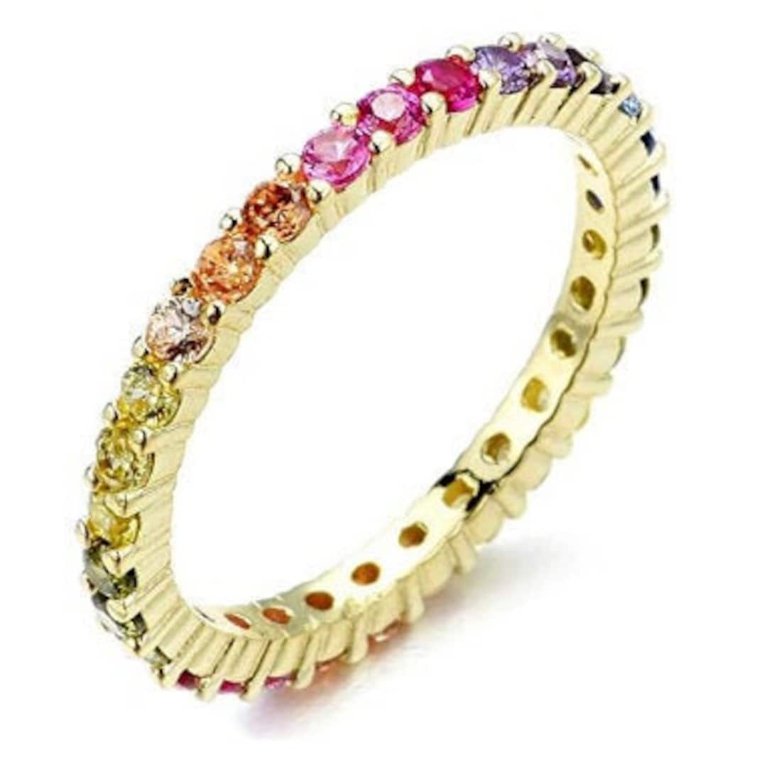 14K Gold Rainbow Eternity 2MM Ring, Dainty Eternity Ring, CZ Round ...