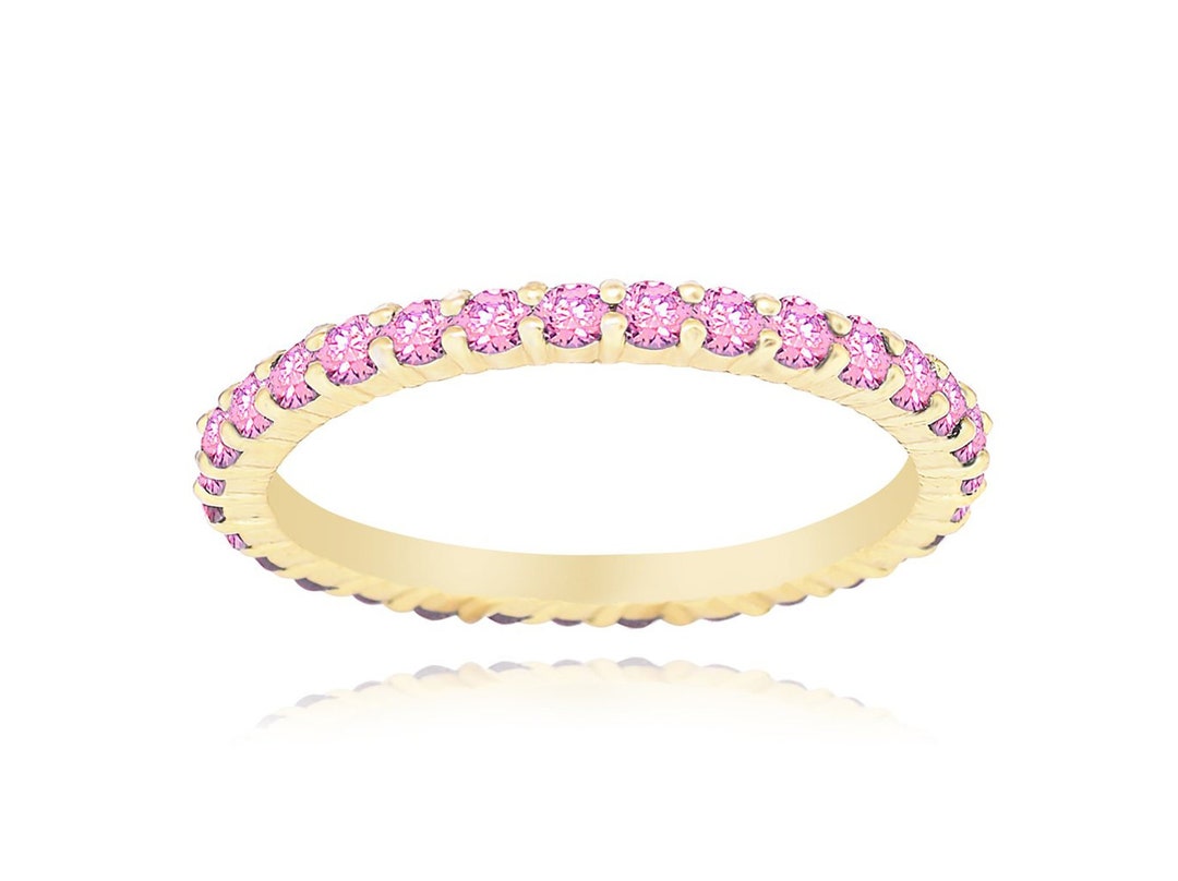 14K Gold Thin Eternity Band, Cubic Zirconia Stacking Ring - Etsy