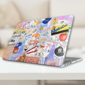 Pode incluir: Um computador portátil com um design colorido em estilo colagem que apresenta marcos, símbolos e texto da cidade de Nova York. O design inclui um táxi amarelo, uma maçã vermelha, um cartão MetroCard e as palavras "New Yorker" e "It's a Beautiful Day".