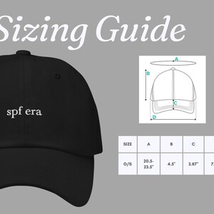 K&ouml;nnte beinhalten: Gr&ouml;&szlig;entabelle f&uuml;r eine schwarze Baseballkappe mit dem Schriftzug "spf era", der auf der Vorderseite gestickt ist. Die Tabelle zeigt die Ma&szlig;e f&uuml;r den Umfang, die Krempe und die Tiefe der Kappe in Zoll.