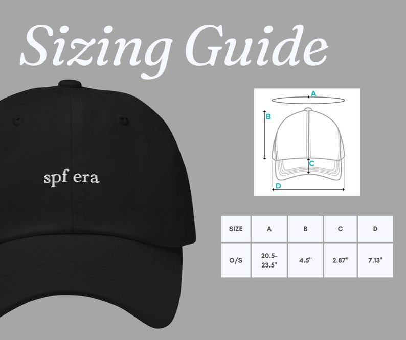 K&ouml;nnte beinhalten: Gr&ouml;&szlig;entabelle f&uuml;r eine schwarze Baseballkappe mit dem Schriftzug "spf era", der auf der Vorderseite gestickt ist. Die Tabelle zeigt die Ma&szlig;e f&uuml;r den Umfang, die Krempe und die Tiefe der Kappe in Zoll.