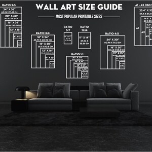 Puede incluir: Una gu&iacute;a de tama&ntilde;os de arte mural con varios marcos rectangulares, que muestra las dimensiones en pulgadas y cent&iacute;metros. La gu&iacute;a incluye proporciones como 2:3, 3:4, 4:5, 5:7, 11:14 y 1:1, adem&aacute;s de tama&ntilde;os ISO A1-A5. El texto es blanco sobre un fondo oscuro.