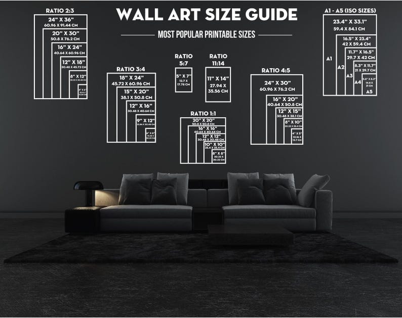 Puede incluir: Una gu&iacute;a de tama&ntilde;os de arte mural con varios marcos rectangulares, que muestra las dimensiones en pulgadas y cent&iacute;metros. La gu&iacute;a incluye proporciones como 2:3, 3:4, 4:5, 5:7, 11:14 y 1:1, adem&aacute;s de tama&ntilde;os ISO A1-A5. El texto es blanco sobre un fondo oscuro.