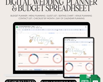 May include: A digital wedding planner and budget spreadsheet in Excel and Google Sheets format. The spreadsheet has 9 tabs, including a budget planner, menu planning, guest list, seating chart, venue planning, contact list, checklist by month, and day of calendar planning. The spreadsheet is available for instant download.