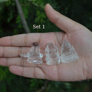 Set Of Shri Yantra, Shiva lingam, Ganesha | Shri Yantra, Shiva Lingam, Ganesha Hand Carved in Clear Himalayan Quartz Crystal | Crystal