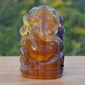 Yellow Fluorite Ganesha | (770 Grams/ 1.69 Pounds) Ganesh Hand Carved in Yellow Fluorite | Fluorite Carving
