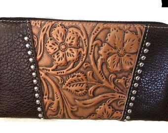 Women western wallet Women clutch wallet Women tooled leather wallet Floral stud FREE SHIPPING