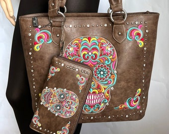 Women sugar skull handbag with matching wallet Women western purse set Cowgirl handbag Embroidered concealed carry bag