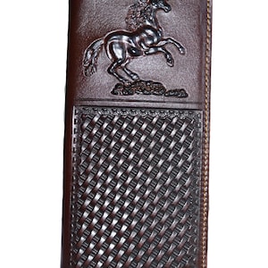 Men&#39;s leather long wallet Western cowboy horse woven coffee  bi-fold wallet Embossed horse wallet Country men pocket wallet