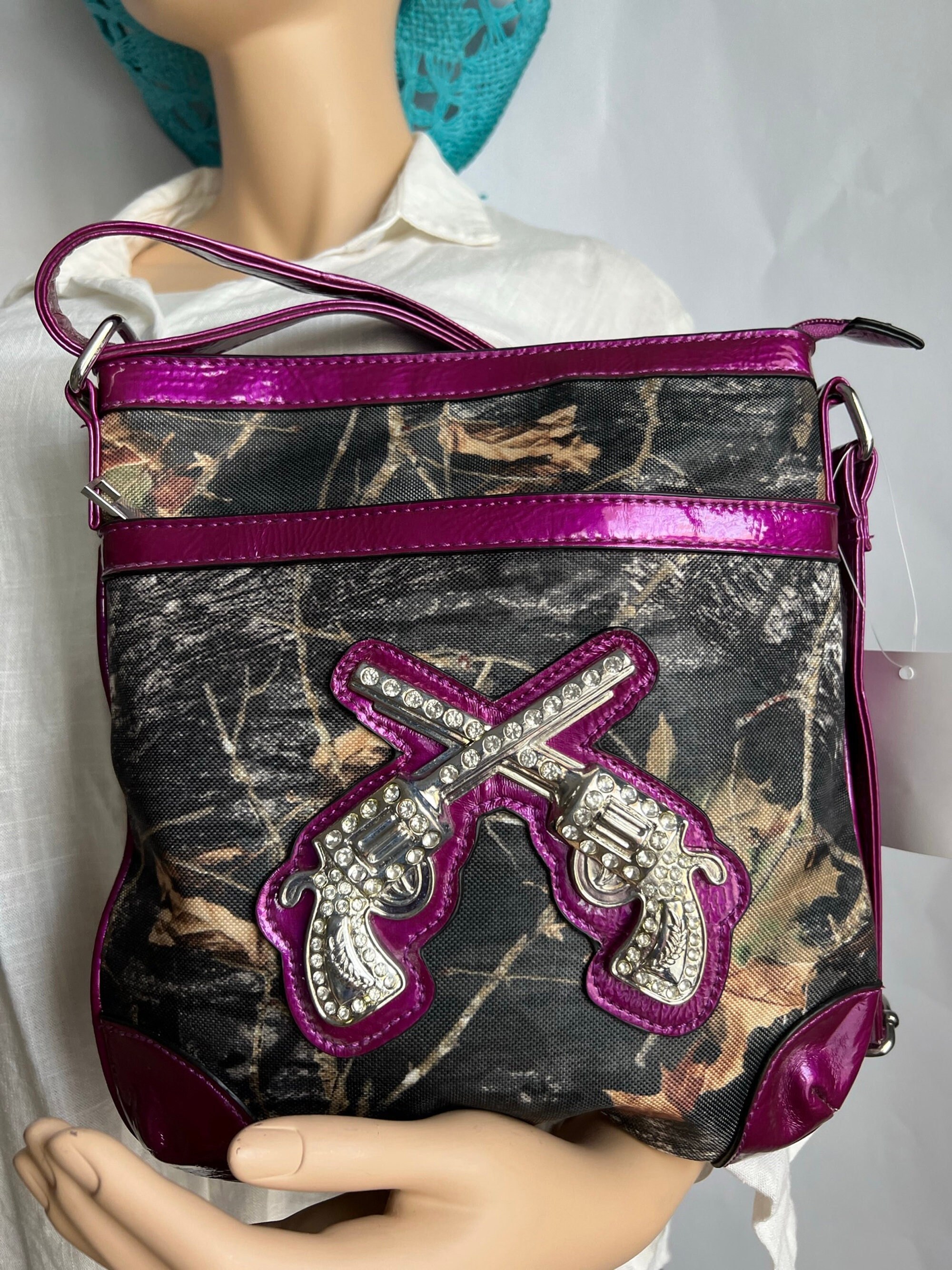 Camouflage Rhinestone Cross Pistol Buckle Purse - Western Cowgirl Shoulder Bag, PU Leather, Purple, Adjustable Strap
