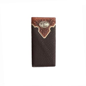 Carteras de cuero para hombre, billetera Texas Longhorn Concho, billetera estilo western para hombre, billetera estilo vaquero rodeo con diseño floral, billetera marrón para hombre.