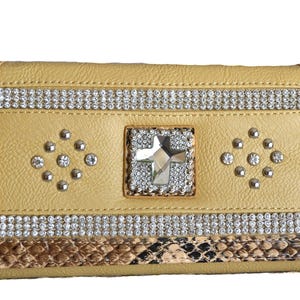 Carteras occidentales para mujer, cartera cruzada con diamantes de imitación, cartera vaquera con cremallera alrededor, cartera con estampado animal, color beige, marrón mantequilla