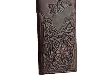 Men's western long bi-fold wallet Bull rider tooled floral cut leather checkbook Men leather bi-fold Coffee Brown