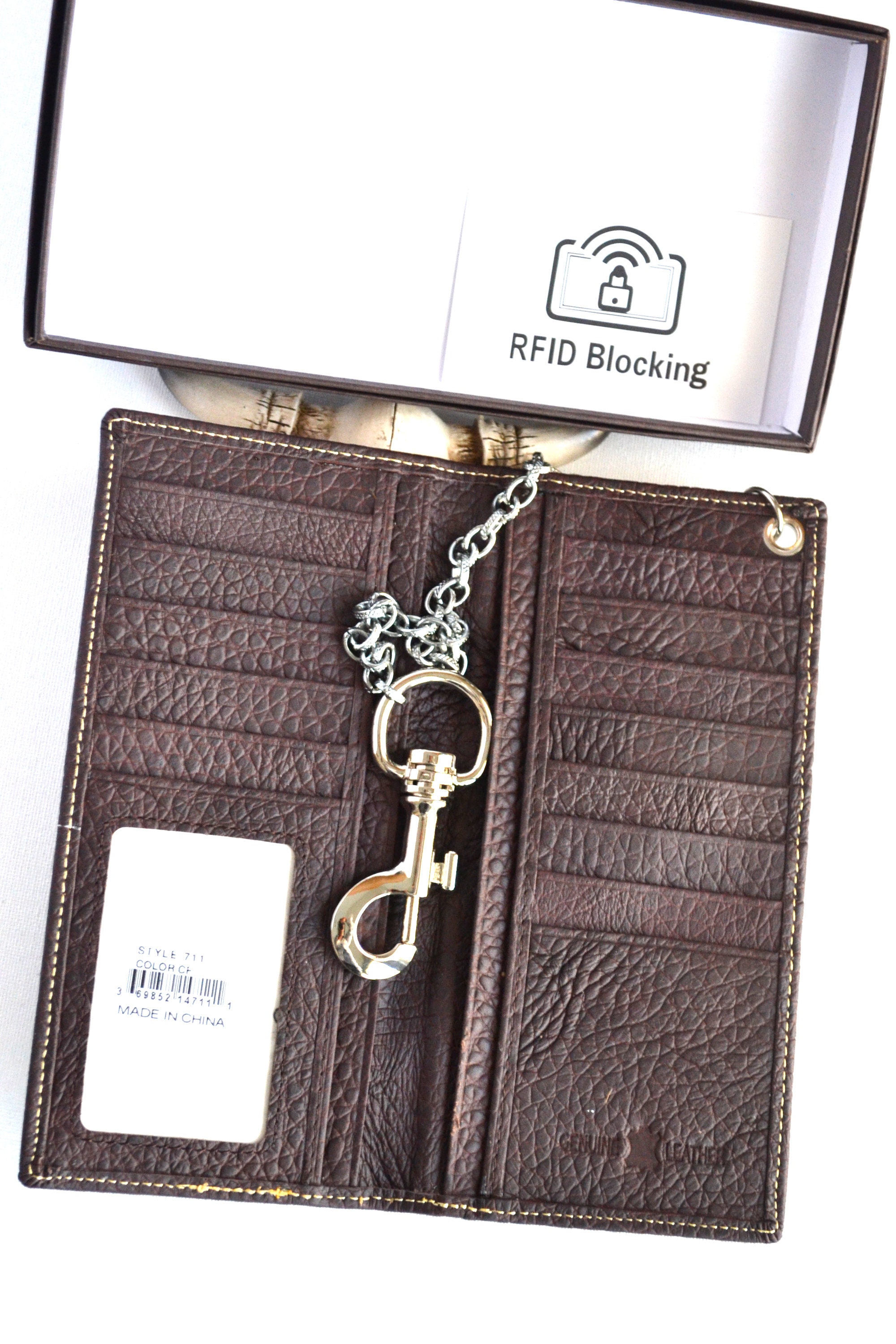 Men's Leather Long Wallet Coffee Brown Chain Casual Biker