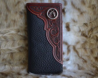 Custom Praying Cowboy Church Concho on a Chocolate Harness Leather Trifold Wallet Proudly made in the USA. 