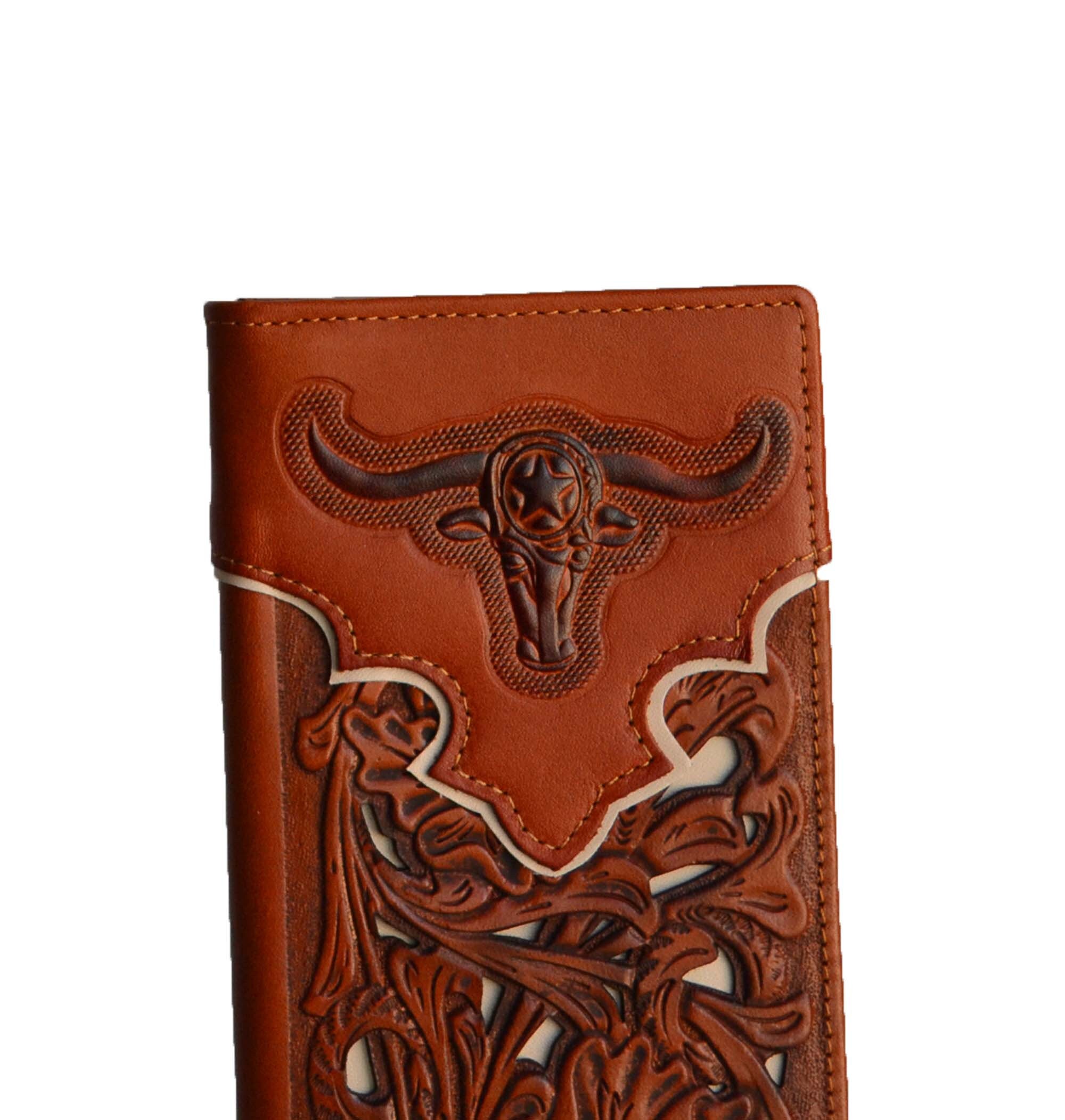 Men Western Long Wallet Cowboy Floral Tooled Leather Checkbook Texas
