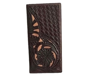 Men's leather wallet western men wallet cowboy floral checkbook tooled leather woven bi-fold wallet