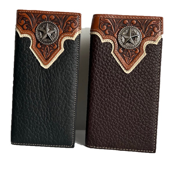 Men leather wallet cowboy long checkbook western tooled wallet Texas Star concho wallet brown black