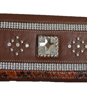 Carteras occidentales para mujer, cartera cruzada con diamantes de imitación, cartera vaquera con cremallera alrededor, cartera con estampado animal, marrón